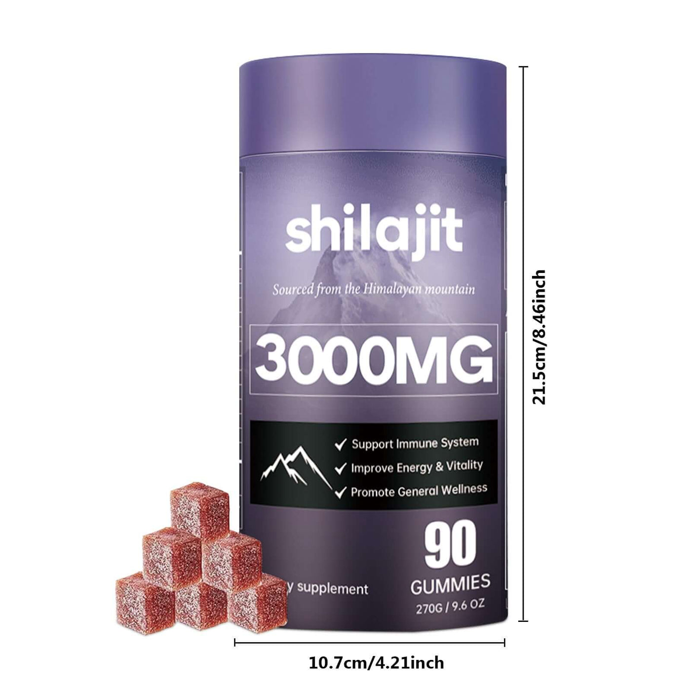 Soft Candy Improves Resistance And Supplements Energy gummies in a container with dimensions, promoting vitality and overall wellness.