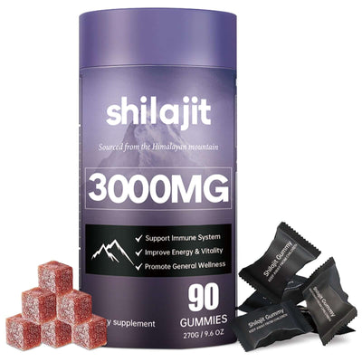 Soft Candy Improves Resistance And Supplements Energy in gummy form with a purple container and shilajit source info.
