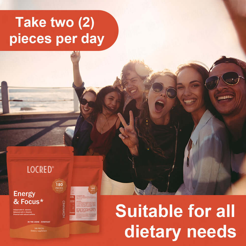 Group of friends enjoying life with LOCRDED Energy & Focus tablets, featuring 90-Grain Energy Sugar Cinnamon Flavor Tablet.