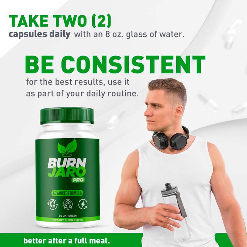 Fat Burning Capsules Health Supplements bottle with a man exercising, promoting daily fitness routine.