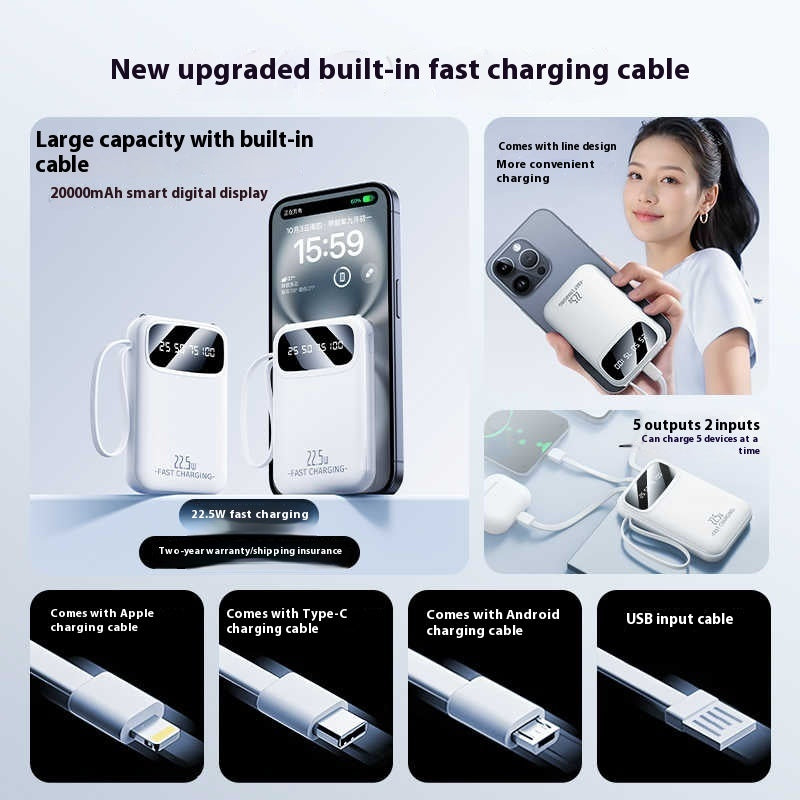 Compact Portable Power Bank with included cable